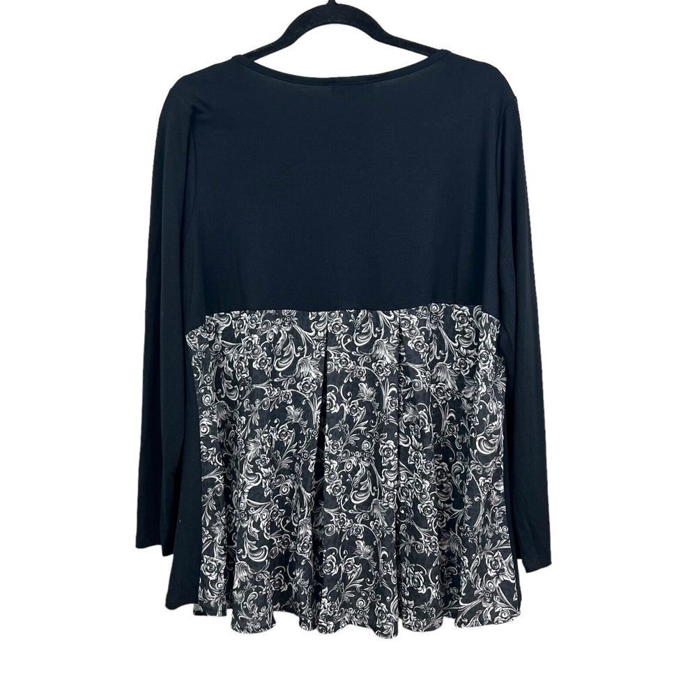 DG2 by Diane Gilman Womens Top Blouse Long Sleeves Pleated Floral Hem Black L* - Picture 4 of 5